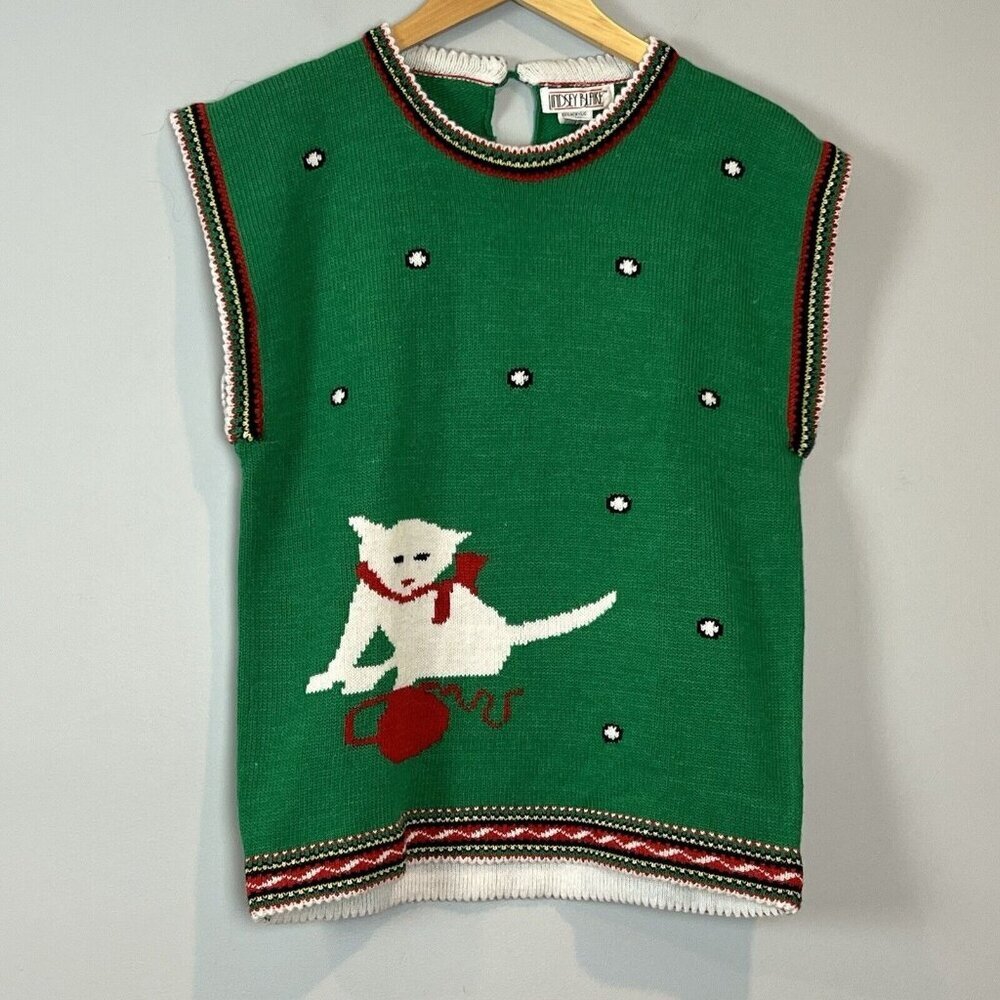 Lindsey Blake Cat Sweater Vest Size Medium Green Sleeveless Pullover Vintage